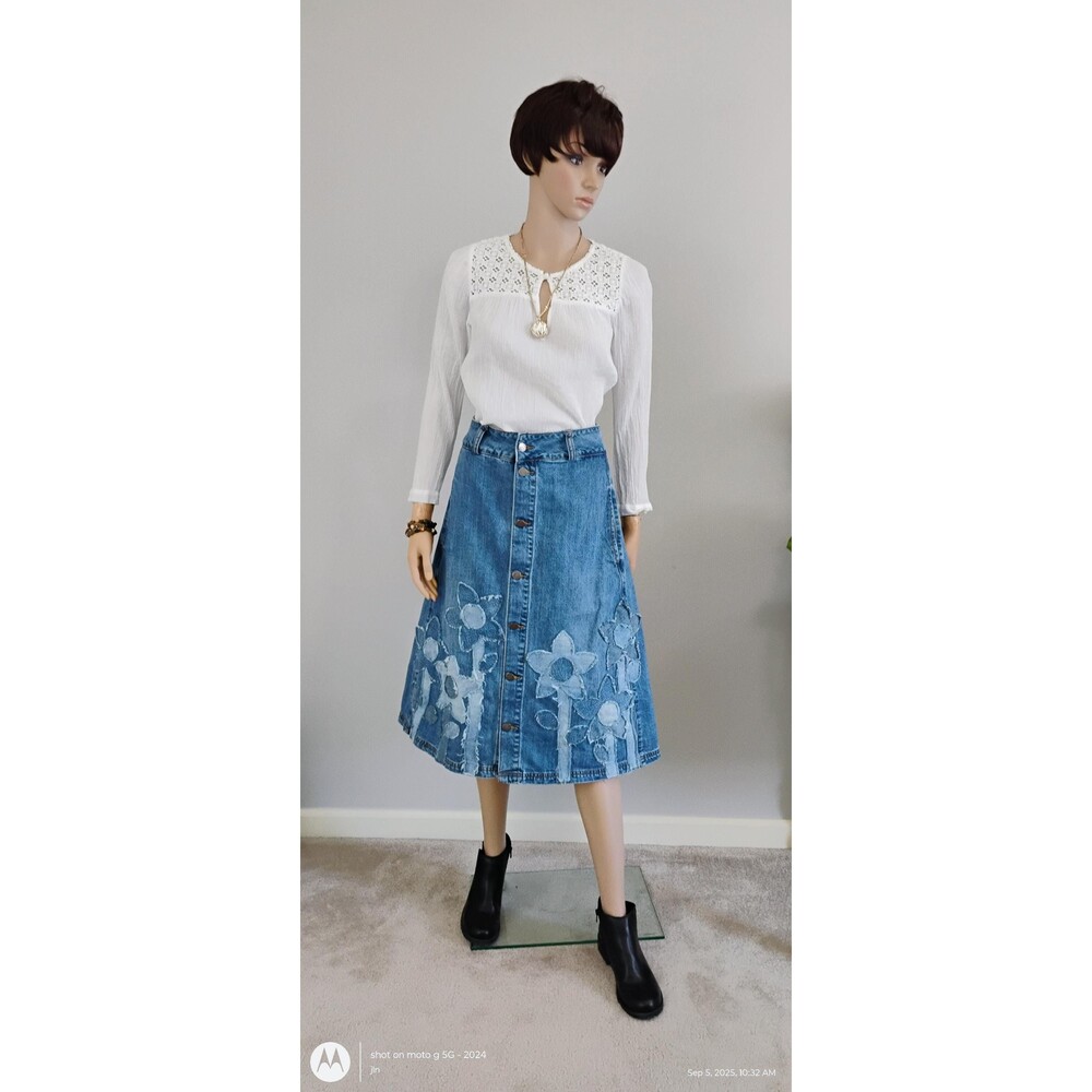 Refashioned Denim Jean Skirt Shabby Chic Denim Flowers Button Front OOAK Boho